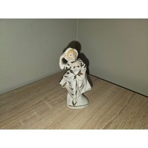 Vintage Occupied Japan Bisque Porcelain Colonial Lady Figurine Gold Gilt Accent